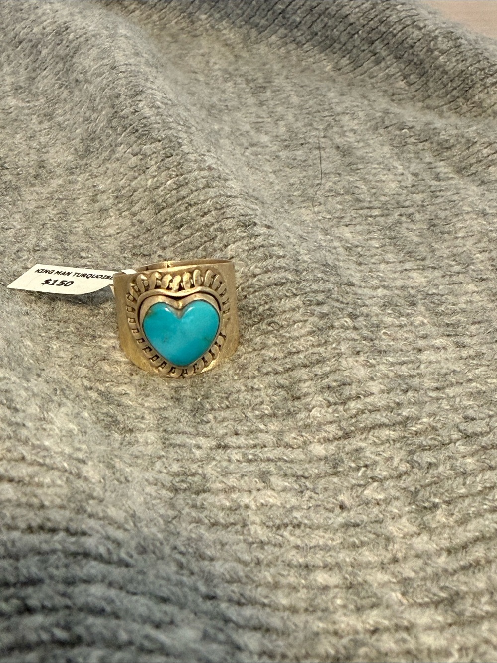 Kingman Turquoise 925 Sterling Silver Heart Cigar Band Ring - Blue Heart - Picture 2 of 6